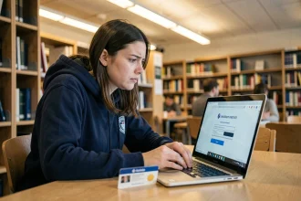 Étudiante frustrée face à un problème de connexion sur le portail ENT de l'université Clermont Auvergne dans une bibliothèque universitaire