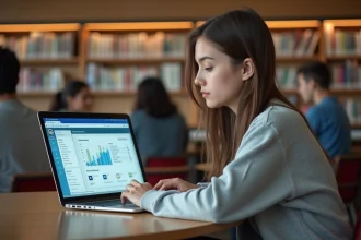 Étudiante utilisant PSB Extranet sur un ordinateur portable dans une bibliothèque universitaire moderne