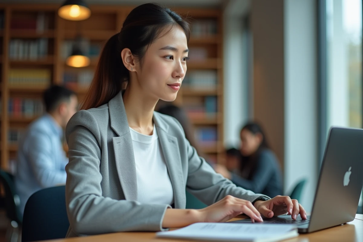 Étudiante en développement web rédigeant son CV et sa lettre de motivation pour une alternance dans une bibliothèque universitaire