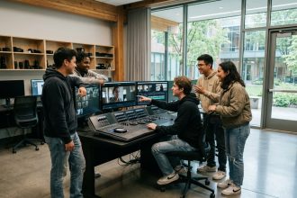 Groupe d'&eacute;tudiants en discussion dans un laboratoire de film moderne