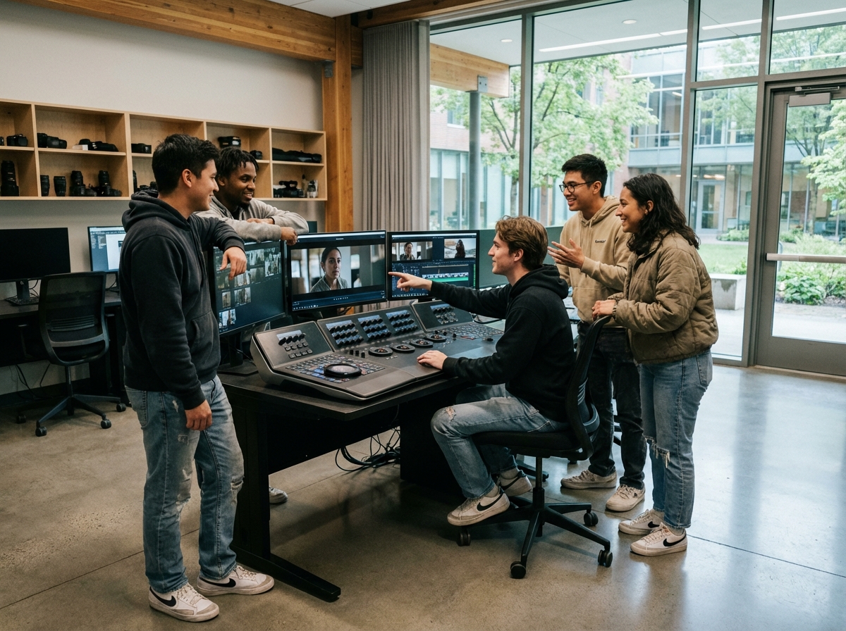 Groupe d'étudiants en discussion dans un laboratoire de film moderne