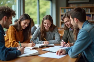 Groupe d'étudiants en bibliothèque en train d'étudier