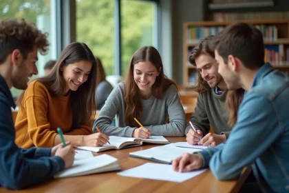 Groupe d'&eacute;tudiants en biblioth&egrave;que en train d'&eacute;tudier