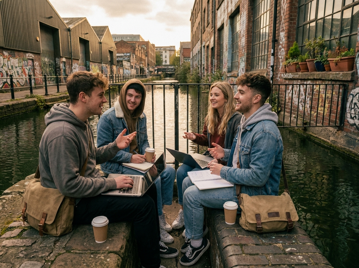 Groupe d'étudiants collaborant en plein air au bord d'un canal urbain avec ordinateurs et cahiers