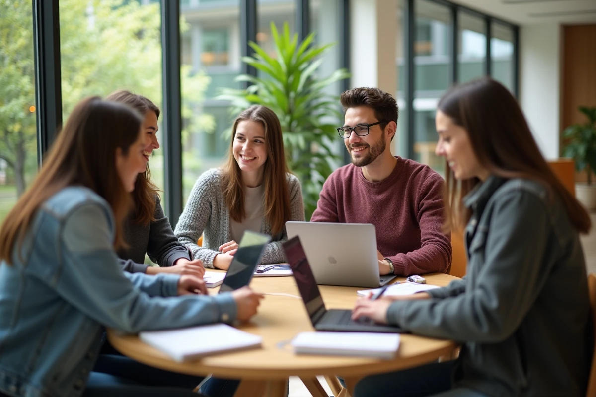 Groupe d'étudiants en discussion dans un espace moderne