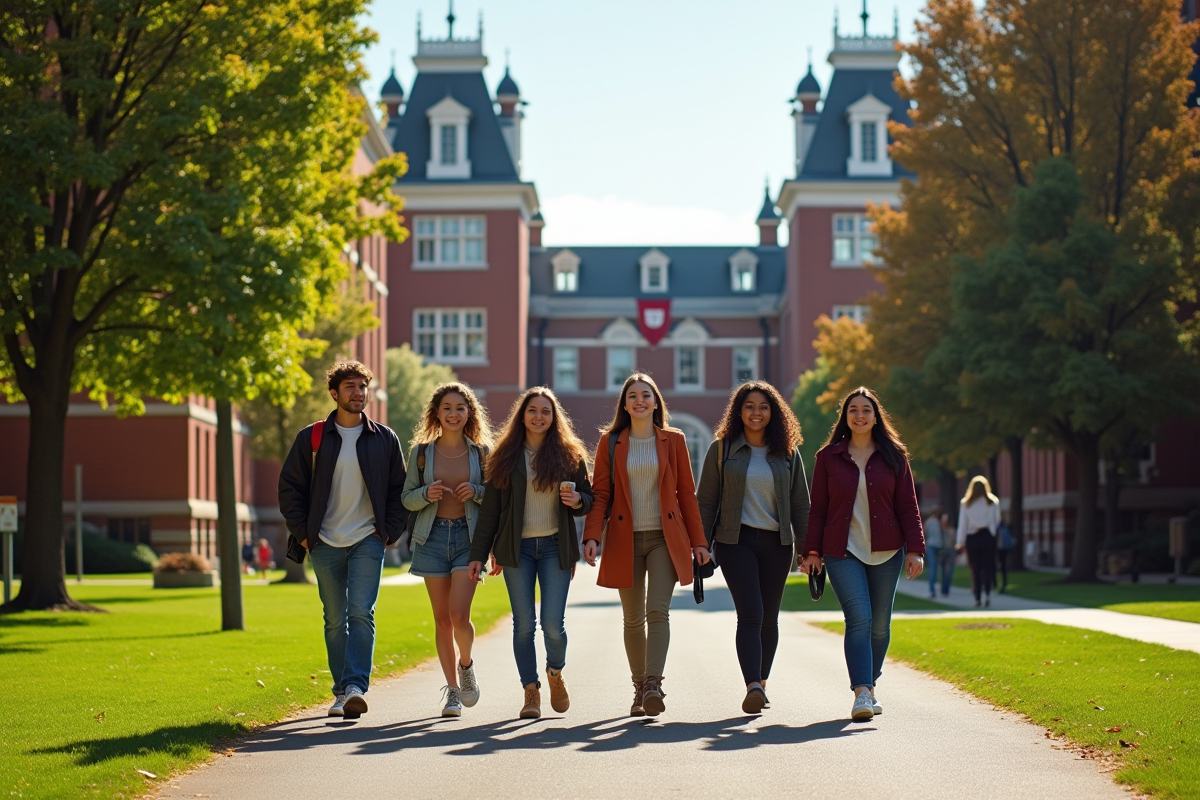Groupe d'étudiants divers sur le campus Harvard ensoleille