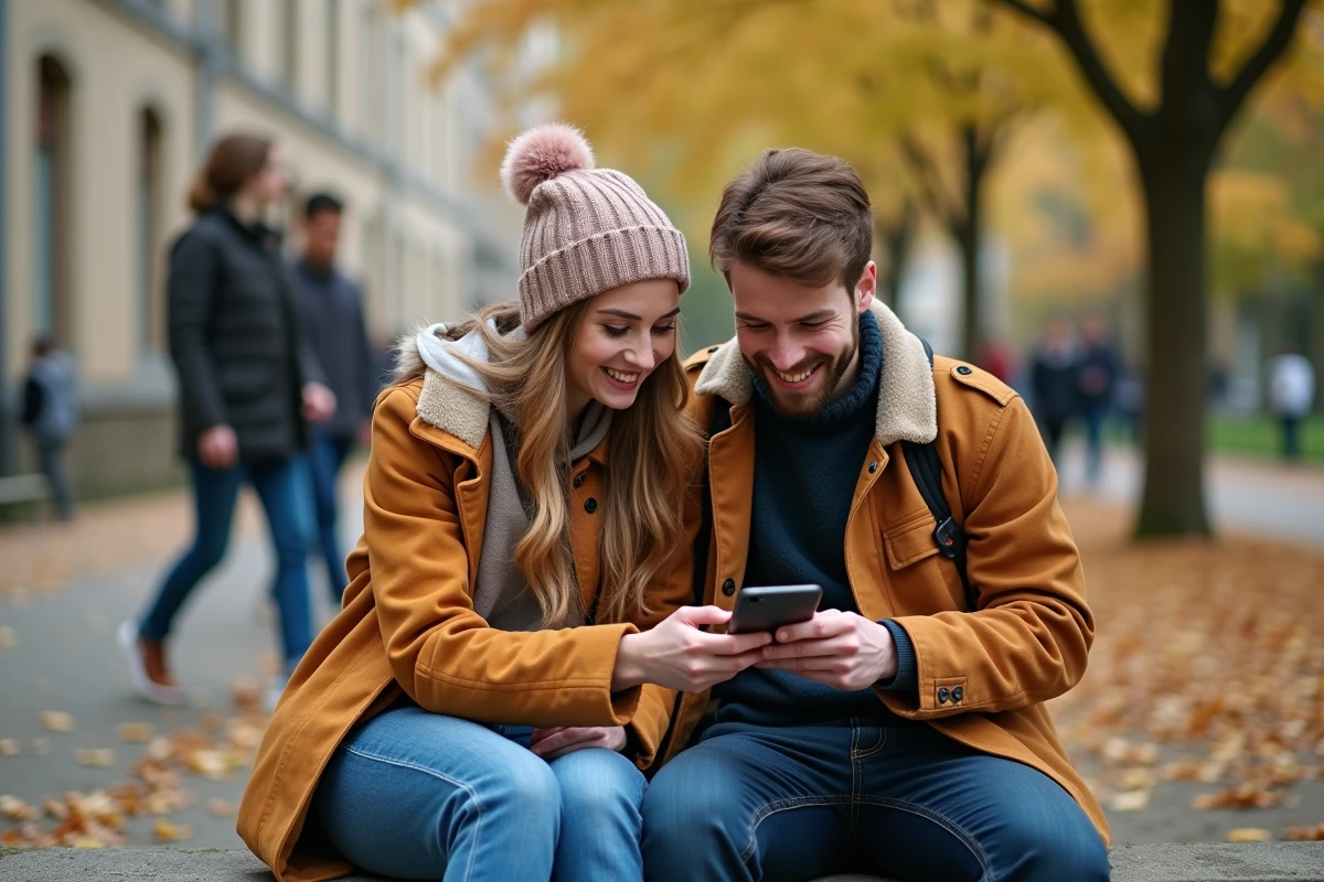 Deux étudiants consultant ensemble les notes et résultats académiques sur smartphone dans une cour de campus universitaire