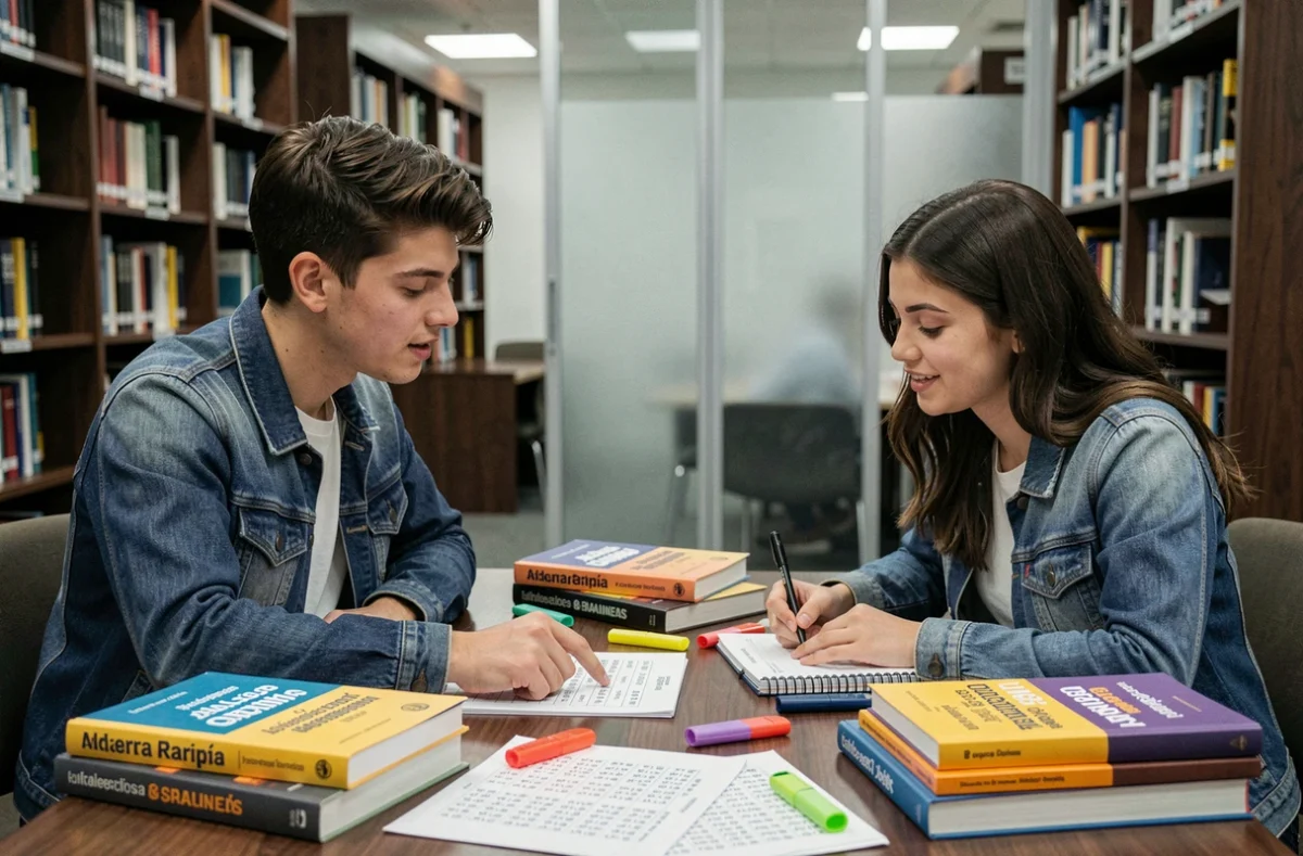 Deux étudiants révisant ensemble les terminaisons de conjugaison espagnole dans une bibliothèque universitaire