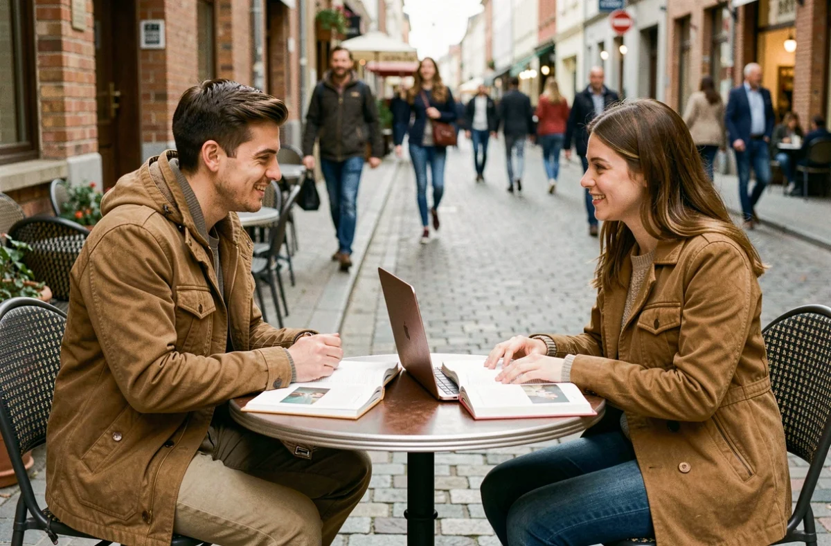 Deux étudiants révisant l'espagnol ensemble en terrasse de café, avec des manuels ouverts sur l'imparfait et le subjonctif