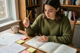 Jeune femme étudiant les conjugaisons espagnoles dans un cahier à son bureau, entouré de notes et fiches de vocabulaire