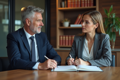 Homme executif en costume navy en r&eacute;union avec une consultante