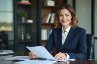 Femme d'affaires confiante en costume bleu dans un bureau moderne
