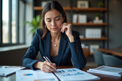 Femme d'affaires confiante analysant des graphiques financiers