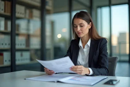 Femme d'affaires lisant des documents financiers dans un bureau moderne