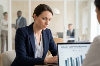 Femme professionnelle analysant des données salariales sur un ordinateur portable dans un bureau moderne