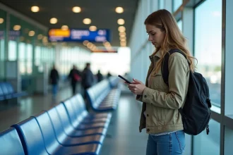 Jeune femme attendant à l'aéroport de Boston Logan