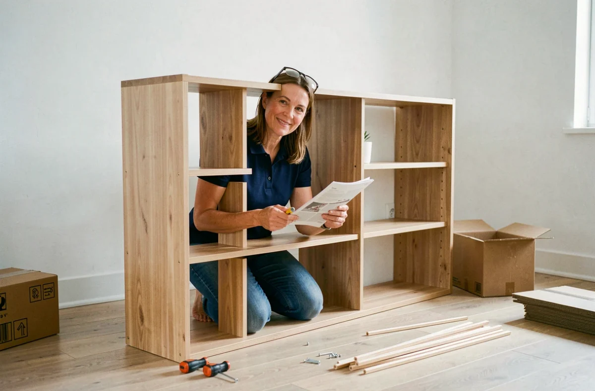 Femme assemblant une étagère en bois dans un salon moderne en suivant les instructions d'un cours de bricolage