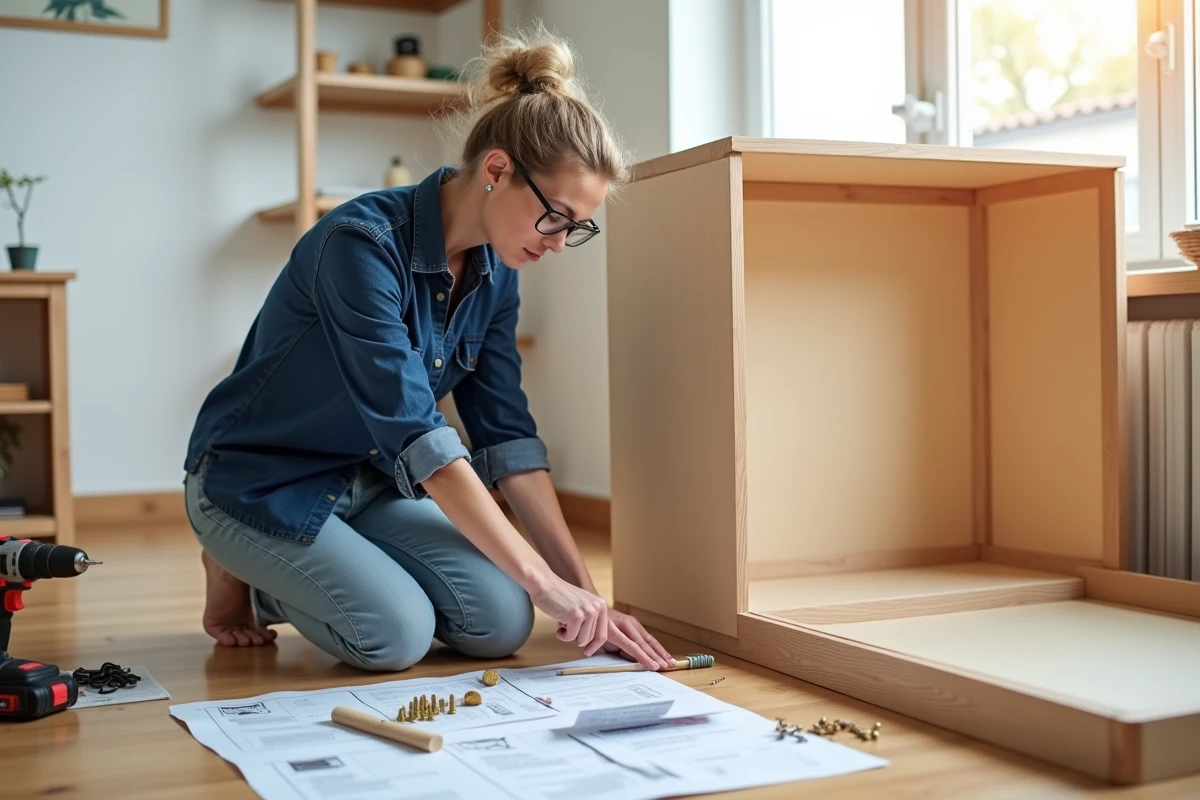 Femme assemblant des meubles en suivant les conseils d'un cours de bricolage en ligne avec des outils posés au sol