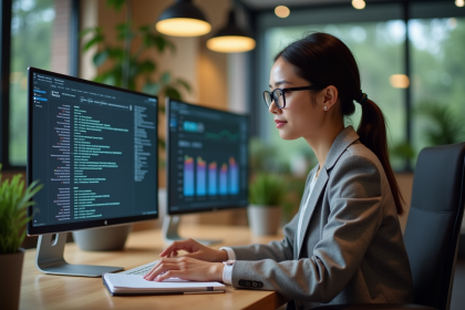 Jeune femme en blazer analysant des données au bureau