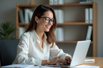 Femme en milieu de travail concentrée sur son ordinateur portable
