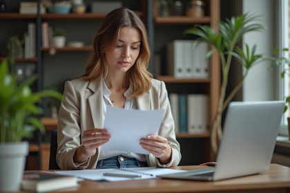 Femme en bureau moderne tenant un document et regardant l'écran