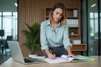 Femme en bureau moderne organisant des dossiers