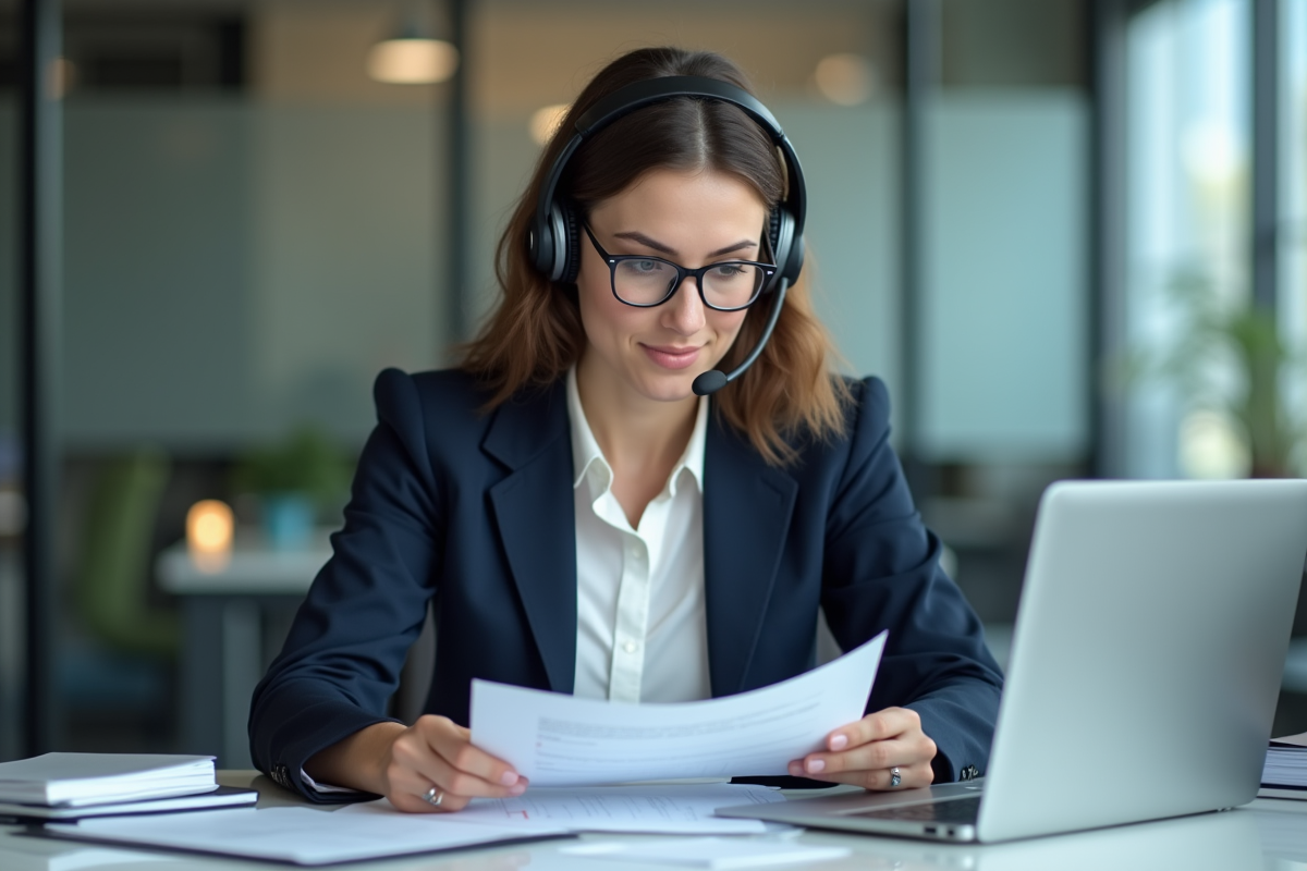 Femme en blazer navy au bureau avec documents et ordinateur
