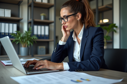 Femme en blazer navy travaillant sur un ordinateur dans un bureau moderne