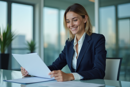 Femme en tenue professionnelle dans un bureau moderne