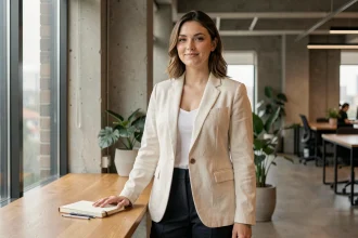 Femme confiante en blazer crème dans un espace de coworking minimaliste, illustrant le développement personnel et la confiance en soi