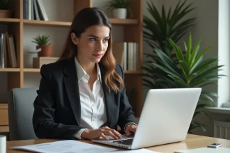 Femme professionnelle consultant une fiche métier Pôle Emploi pour créer son CV à son bureau à domicile