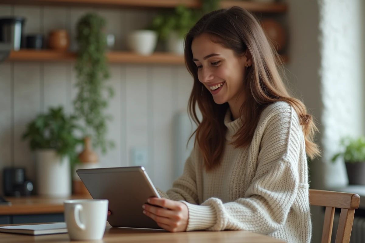 Jeune femme souriante utilisant une tablette dans la cuisine chaleureuse