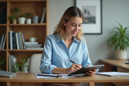Femme dessinant sur une tablette dans un bureau moderne