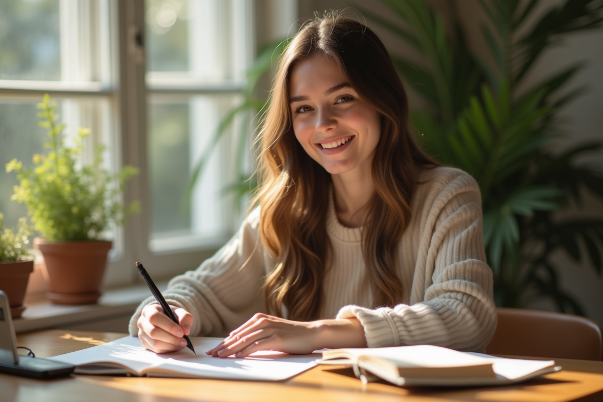 Jeune femme souriante écrivant dans un journal dans un salon lumineux