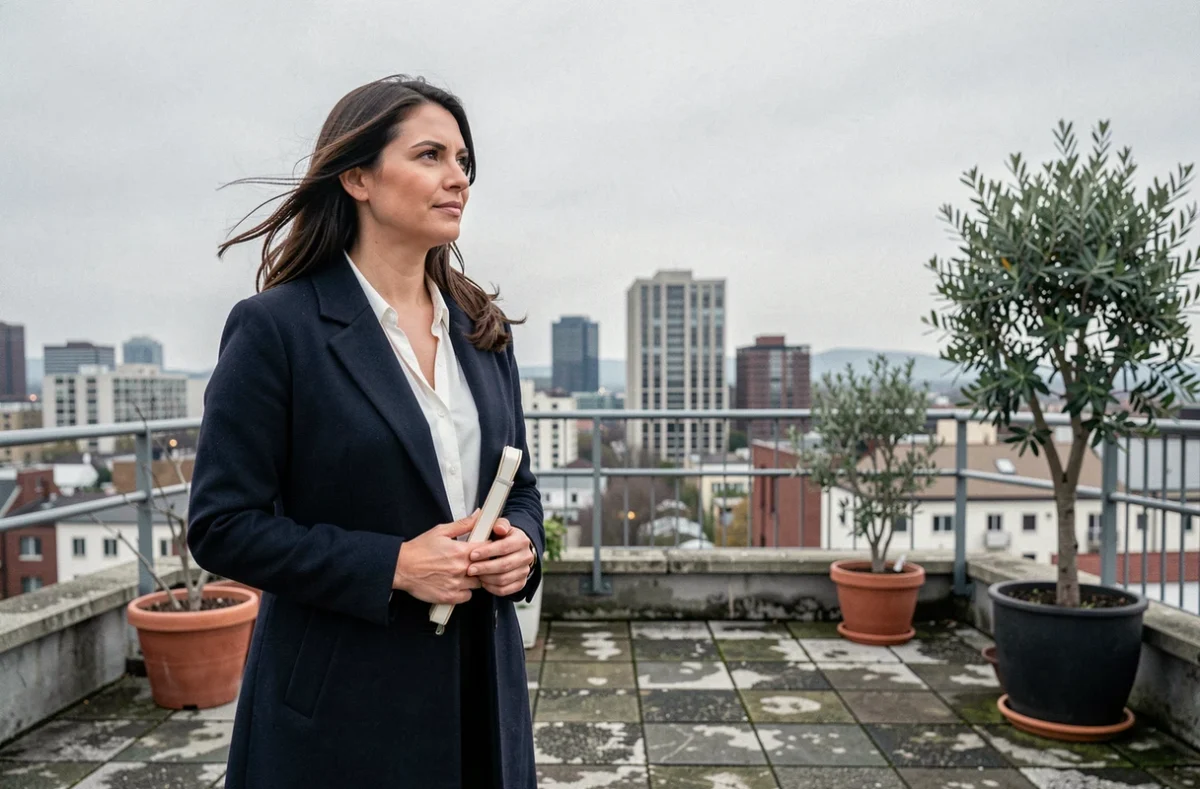 Femme épanouie en manteau navy sur un rooftop urbain, symbolisant la confiance en soi et la transformation personnelle grâce au développement personnel