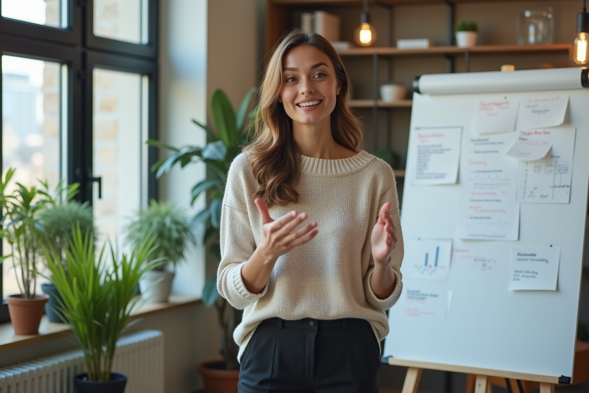 Femme en office expliquant ses forces près du tableau