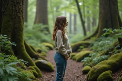 Jeune femme en forêt verdoyante regardant les arbres