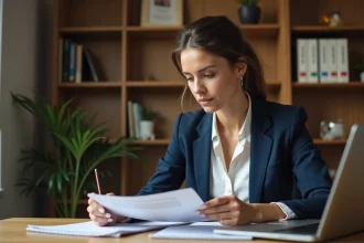 Femme étudiant une formation de détective privé à distance sur son bureau à domicile avec des documents imprimés et un ordinateur portable