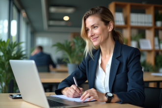 Femme en formation en ligne au bureau moderne