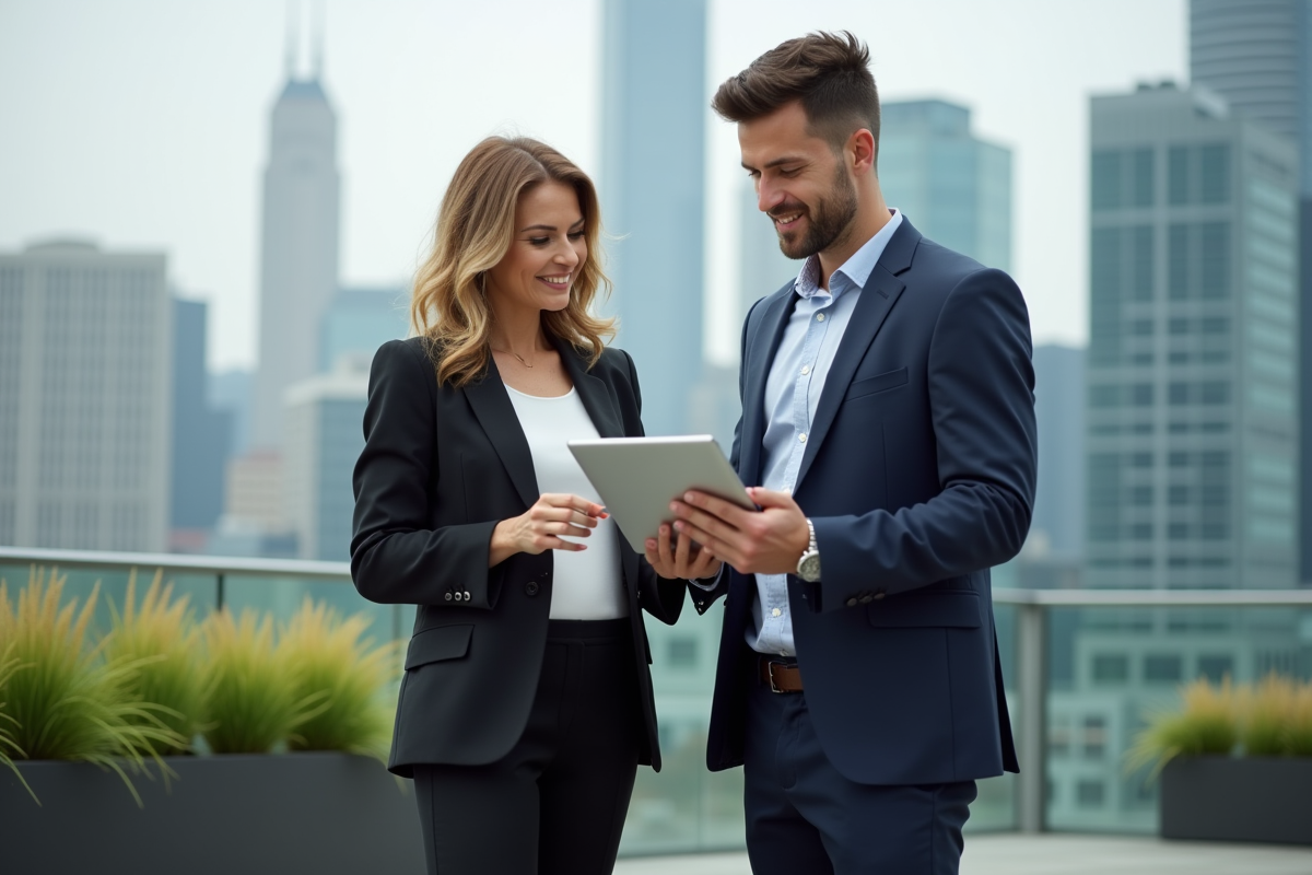 Femme dirigeante en costume sur un toit urbain avec un conseiller