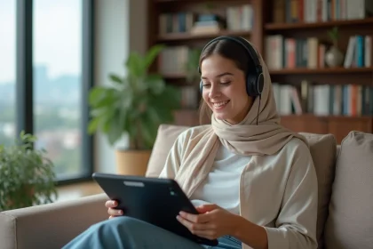 Jeune femme avec casque écouteur et tablette en arabe