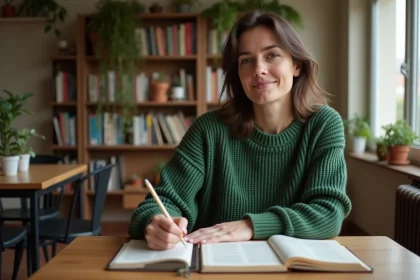 Femme lisant un roman espagnol dans un int&eacute;rieur chaleureux