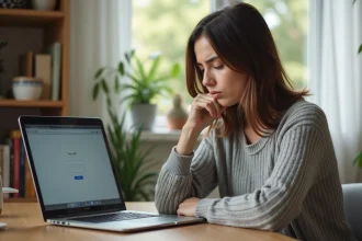 Femme frustrée devant un écran d'ordinateur portable tentant de récupérer un mot de passe oublié sur une plateforme éducative
