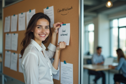 Jeune femme confiante en milieu professionnel affichant un objectif atteint