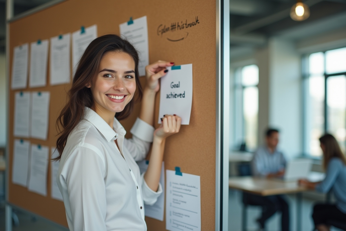 Jeune femme confiante en milieu professionnel affichant un objectif atteint
