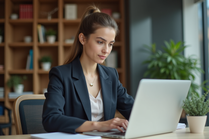 Jeune femme concentr&eacute;e sur son examen en ligne dans un espace moderne