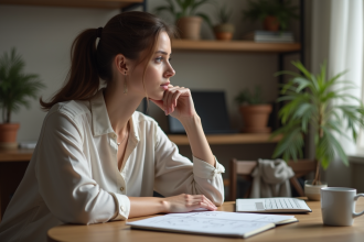 Jeune femme pensant devant un schéma dans son bureau
