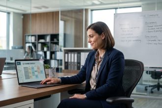 Femme professionnelle assise à son bureau en train de consulter un planning