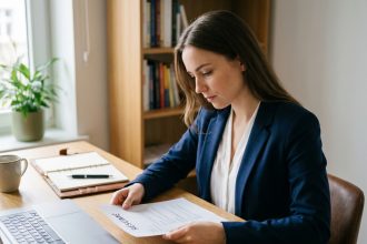 Femme professionnelle concentrée dans son bureau à domicile