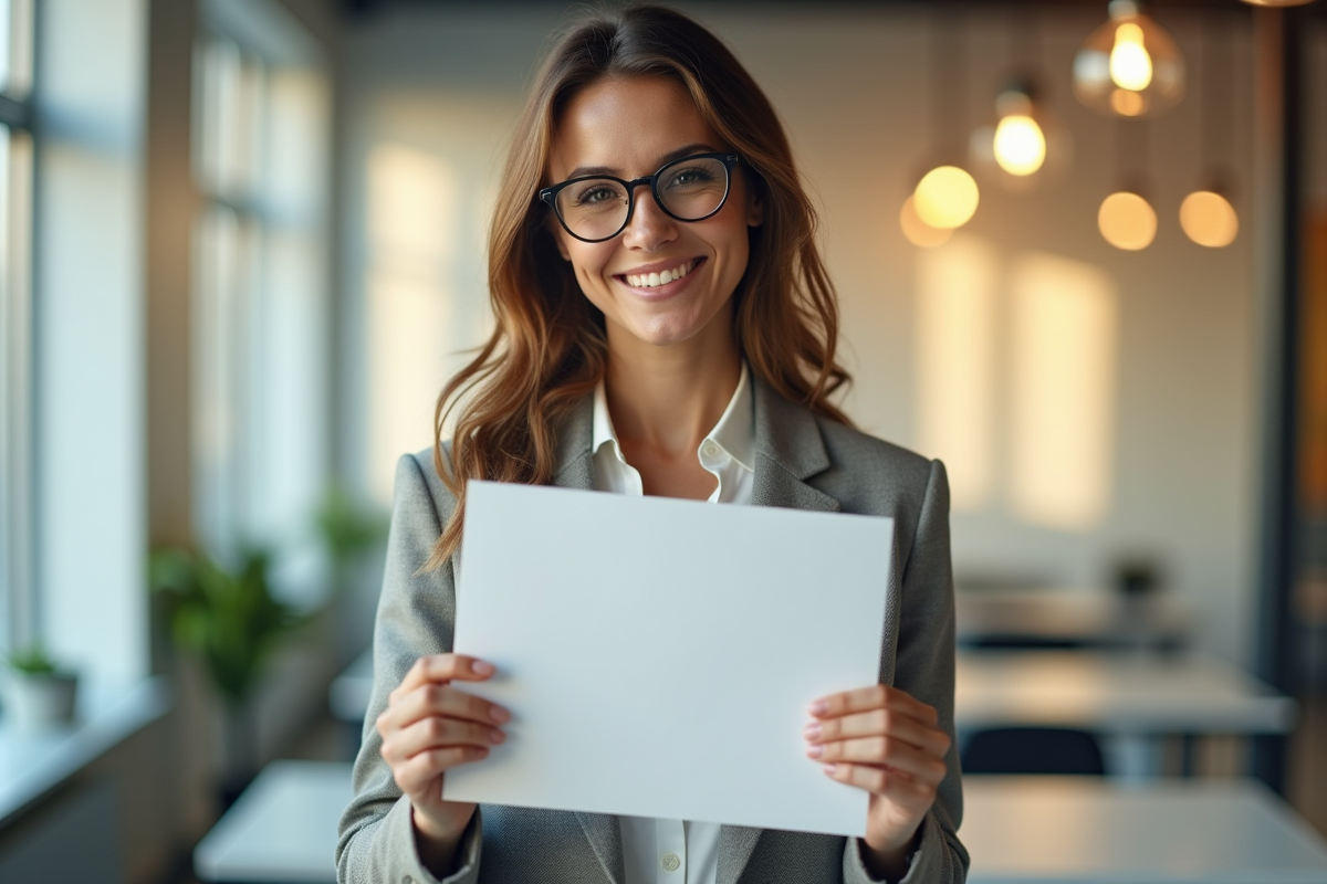 Femme confiante tenant un certificat dans un bureau moderne